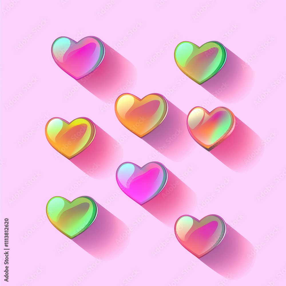 Colorful hearts with glossy finish arranged in playful pattern on pink background, creating vibrant and cheerful atmosphere Colorful hearts with glossy finish arranged in playful pattern on pink background, creating vibrant and cheerful atmosphere