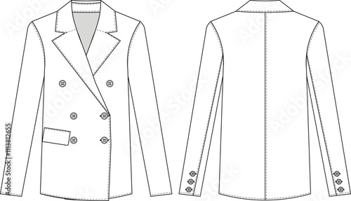 collared double breasted buttoned long sleeve long blazer jacket coat template technical drawing flat sketch cad mockup fashion woman design style model 
