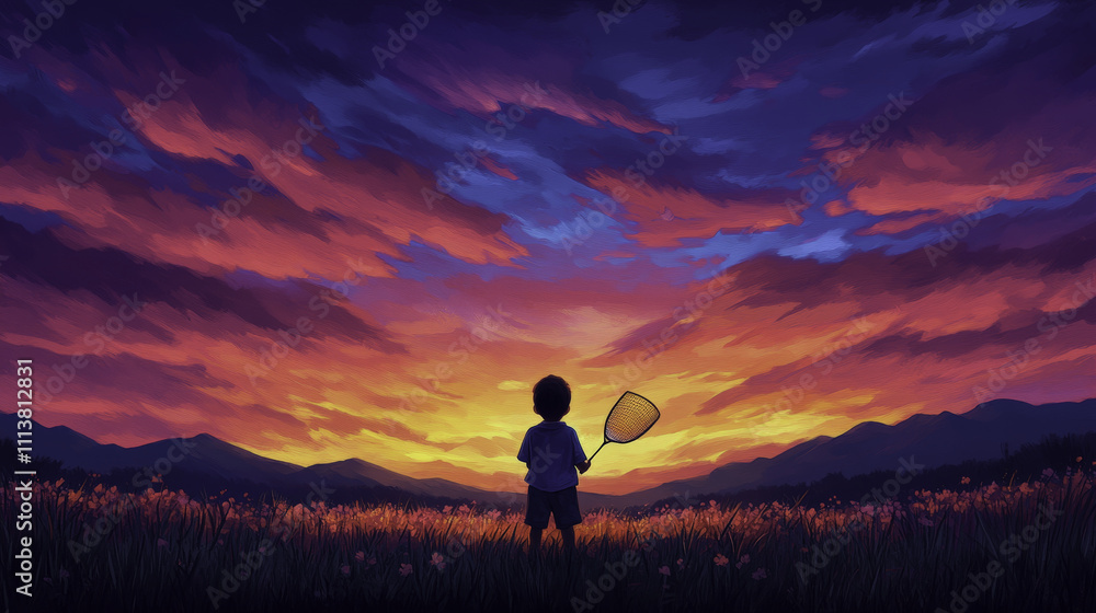 child stands in field at sunset, holding net, gazing at sky