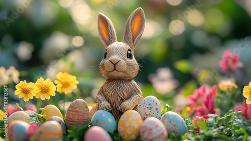 Wallpaper Mural cute rabbit figurine surrounded by colorful Easter eggs and flowers creates joyful spring atmosphere. Perfect for celebrating Easter and springtime festivities Torontodigital.ca