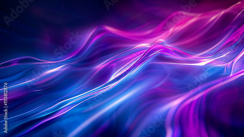 Neon Ripple Texture: Defocused glow with iridescent waves. Blur of purple and blue fluorescent color gradient light curves, abstract background with free space.