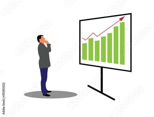 Business Man Looking at Growing Sales Graph. Working as a trader or company CEO, people and activities at work vector art