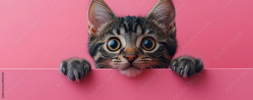Obraz premium Playful Kitten Peeks Over a Pink Surface Curiously, Generative AI