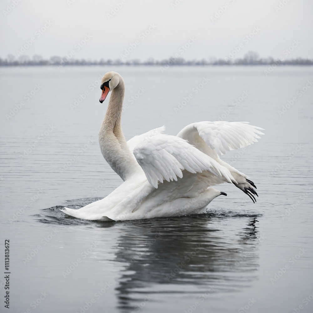A serene swan gliding gracefully against a pure white background. A serene swan gliding gracefully against a pure white background.