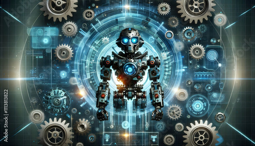 AI Robot Background A mechanical robot surrounded by floating gears and holographic displays in a cyber-tech background1 photo