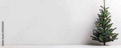 Making holidays festive concept. A decorated Christmas tree stands against a minimalist white wall.