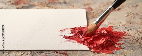 Making holidays festive concept. A paintbrush applying red pigment onto a blank canvas, showcasing artistic creativity. photo