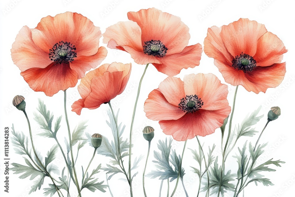 Obraz premium A watercolor illustration of vibrant poppy flowers with delicate petals and green foliage.