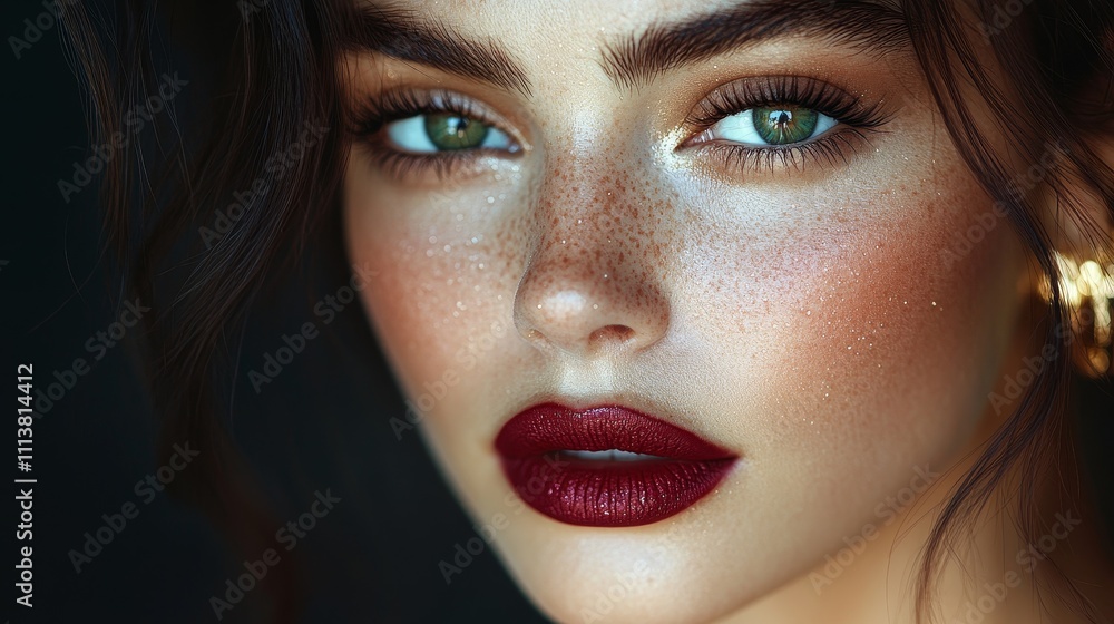 Captivating close-up of a woman's face highlighting freckles, bold makeup, and vibrant lips, with a soft-focus background. Captivating close-up of a woman's face highlighting freckles, bold makeup, and vibrant lips, with a soft-focus background.