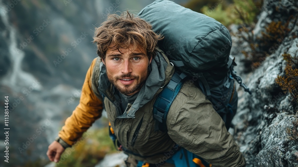 Rugged male hiker scaling rocky mountain slope, showcasing determination and outdoor adventure amidst natural landscapes. Rugged male hiker scaling rocky mountain slope, showcasing determination and outdoor adventure amidst natural landscapes.