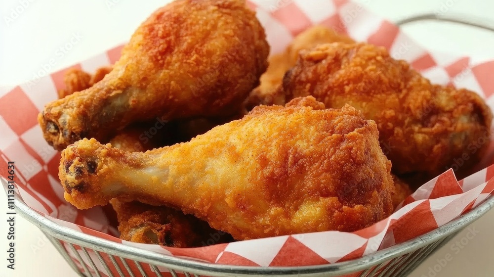 Basket of fried chicken pieces with a perfect golden crust, served on a checkered paper lining, giving a classic look Basket of fried chicken pieces with a perfect golden crust, served on a checkered paper lining, giving a classic look