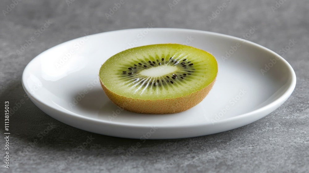 A vibrant kiwi slice on a white plate, showcasing its unique texture and color against a grey background. A vibrant kiwi slice on a white plate, showcasing its unique texture and color against a grey background.