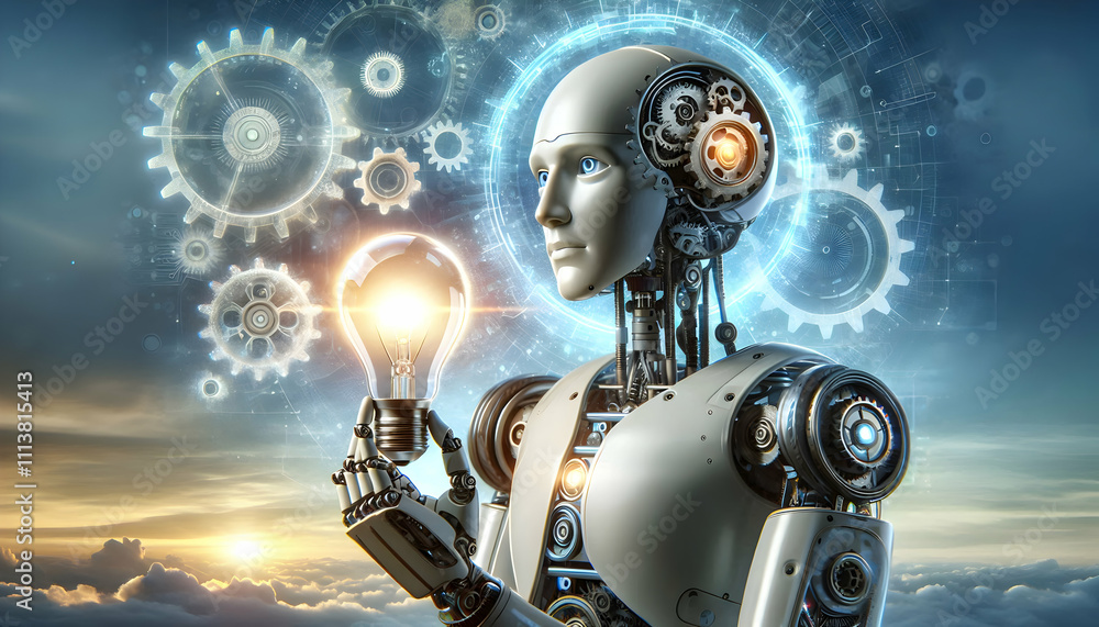 AI Robot Background A futuristic robot holding a light bulb in both hands, gears visible on one side of its body, with a4 AI Robot Background A futuristic robot holding a light bulb in both hands, gears visible on one side of its body, with a4