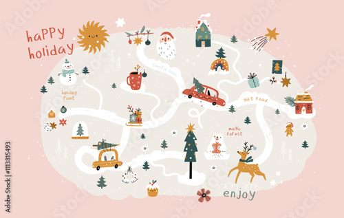 Christmas winter map with city landscape, animals, house, gifts, festive decoration, cars, road. Premade Christmas map creator with cute holiday design elements. New year card, poster, banner, print 