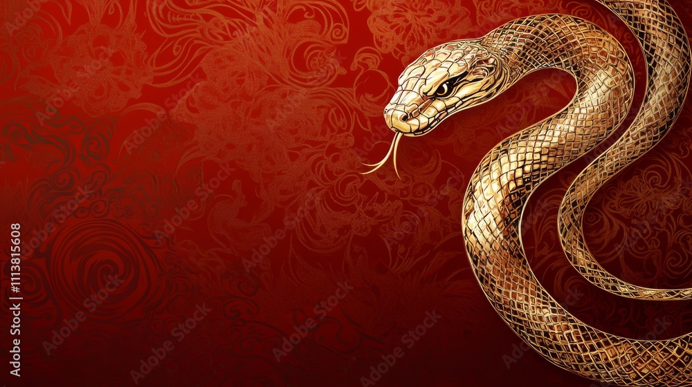 The Year of the Snake, A gold colored snake is shown on a red background The Year of the Snake, A gold colored snake is shown on a red background