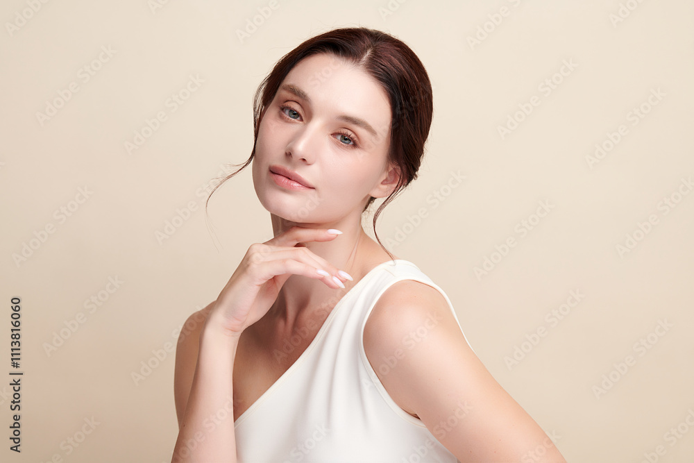 Beautiful young woman with clean fresh skin on beige background, Face care, Facial treatment, Cosmetology, beauty and spa, women portrait. Beautiful young woman with clean fresh skin on beige background, Face care, Facial treatment, Cosmetology, beauty and spa, women portrait.