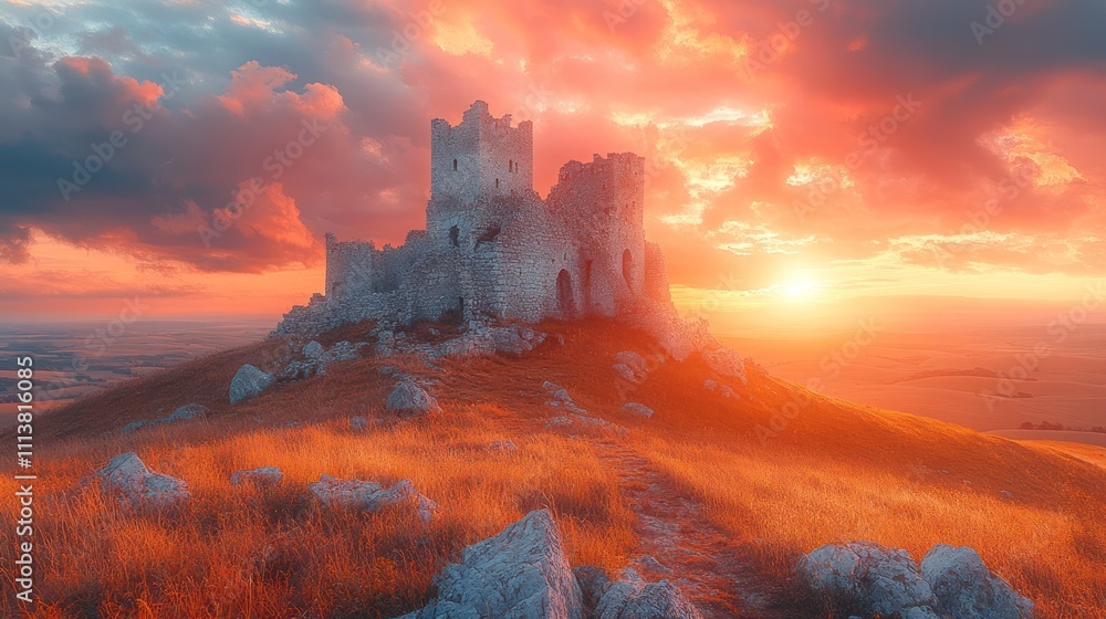 Fototapeta premium Majestic sunset over ancient castle ruins on a hilltop.