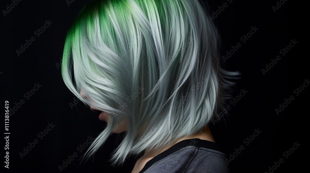 Stunning metallic green and silver gradient hairstyle with a radiant reflective shine that exudes elegance and modern style Stunning metallic green and silver gradient hairstyle with a radiant reflective shine that exudes elegance and modern style