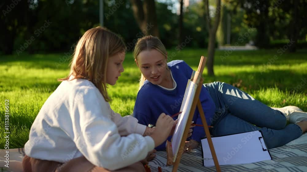 A young woman teaches a girl to sketch on an easel as they sit on a picnic blanket in a sunny peaceful park A young woman teaches a girl to sketch on an easel as they sit on a picnic blanket in a sunny peaceful park
