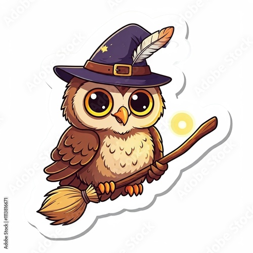 A chibi owl wearing a wizard hat, holding a sparkling broomstick, in a playful Halloween sticker style. plain white background.
 photo