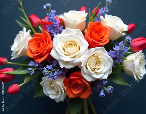 A blue and red floral display with flowers and leaves photo