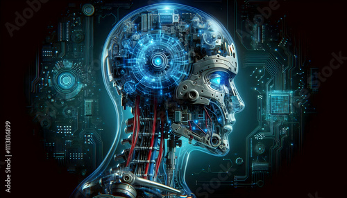 AI Robot Background A transparent robot head showcasing detailed internal components like microchips and wires, illuminated by neon blue accents against a dark background (2)