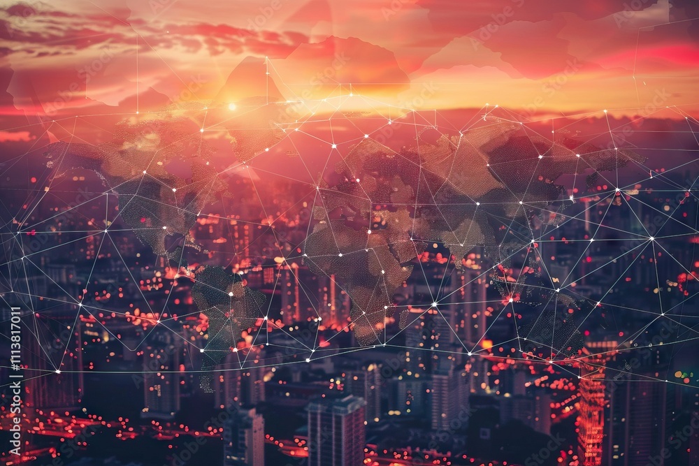 Fototapeta premium Global business network with double exposure world map and city background.