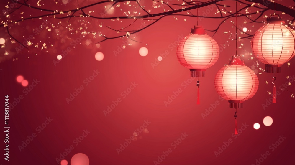 The Year of the Snake, A red background with three red lanterns hanging from a tree The Year of the Snake, A red background with three red lanterns hanging from a tree