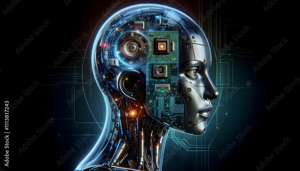 AI Robot Background A sleek humanoid robot head with exposed circuits and processors, partially see-through, on a dark background with a neon digital aura (2)