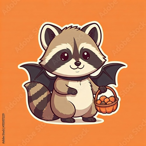 A chibi raccoon in a bat costume, holding a tiny pumpkin basket, in a playful sticker style.
 photo