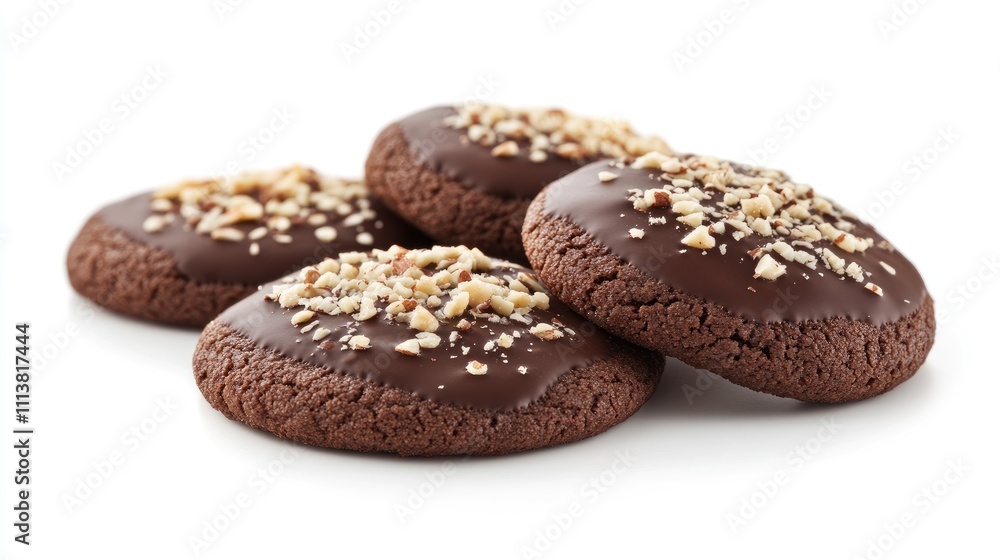 Close-up of chocolate-dipped cookies with a sprinkle of crushed nuts, artfully placed on a clean white background