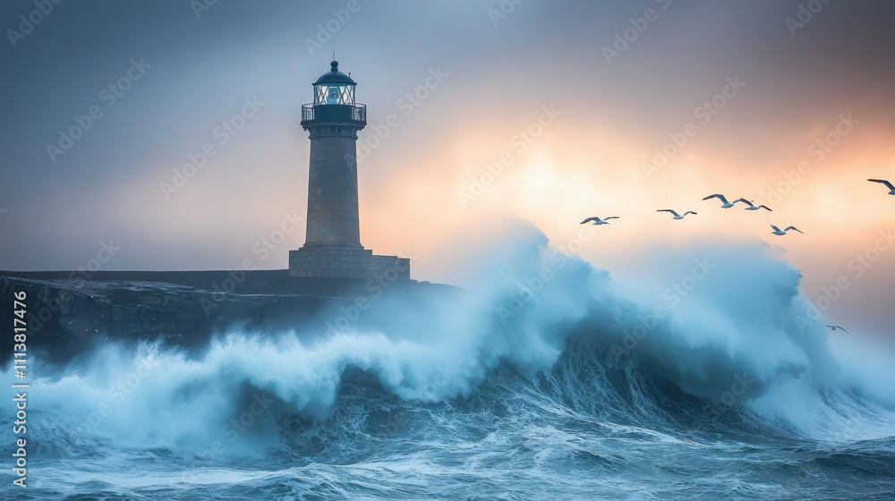 dramatic lighthouse stands tall against crashing waves and moody sky, evoking sense of adventure and nature power. scene captures beauty of ocean and resilience of lighthouse dramatic lighthouse stands tall against crashing waves and moody sky, evoking sense of adventure and nature power. scene captures beauty of ocean and resilience of lighthouse