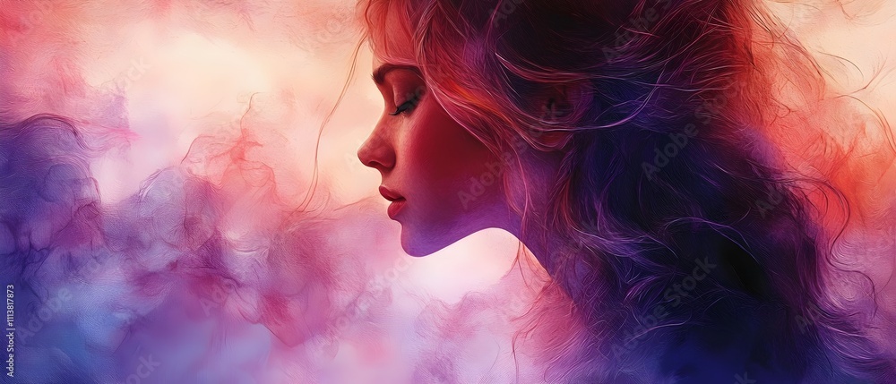A serene profile of a young Caucasian woman with flowing hair, surrounded by an ethereal blend of pastel colors, evoking a sense of tranquility and dreaminess. A serene profile of a young Caucasian woman with flowing hair, surrounded by an ethereal blend of pastel colors, evoking a sense of tranquility and dreaminess.