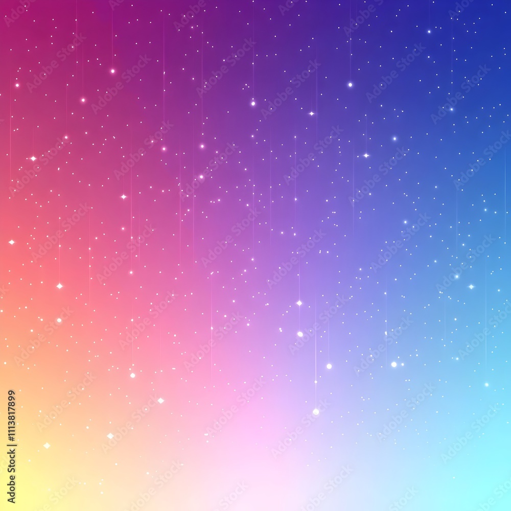 Fototapeta premium A stunning cosmic backdrop featuring a gradient of vibrant colors transitioning from deep blue to warm pink and yellow, embellished with delicate stars scattered throughout.