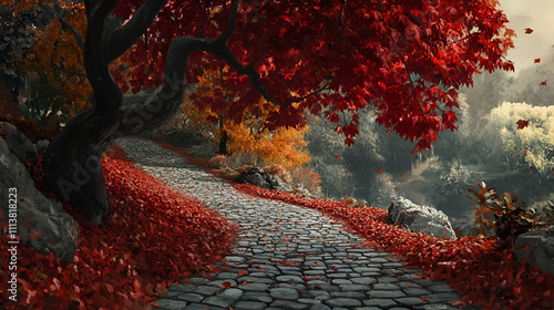 Autumn tree with red leaves in the park,
Vibrant Red Leafed Plants Blossoming, Bold And Stunning, A Tree Adorned With Red Heart shaped Leaves photo