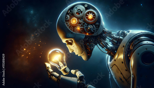 AI Robot Background A robot leaning forward as it inspects a glowing light bulb held delicately in its hand, half of its3 photo