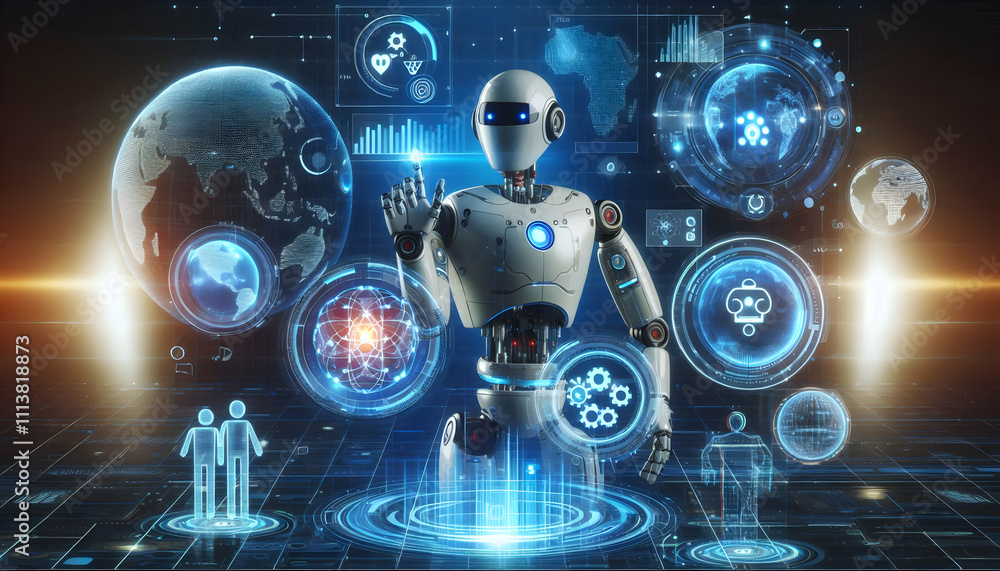 AI Robot Background A robot interacting with multiple holograms showcasing futuristic AI data points, ideal for PPT them3 AI Robot Background A robot interacting with multiple holograms showcasing futuristic AI data points, ideal for PPT them3