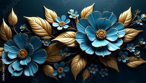 A blue and red floral display with flowers and leaves