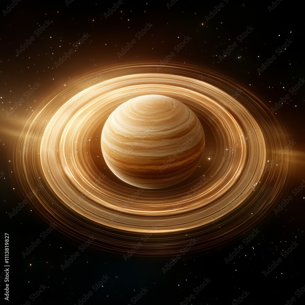 Golden planet with prominent rings in space. Golden planet with prominent rings in space.