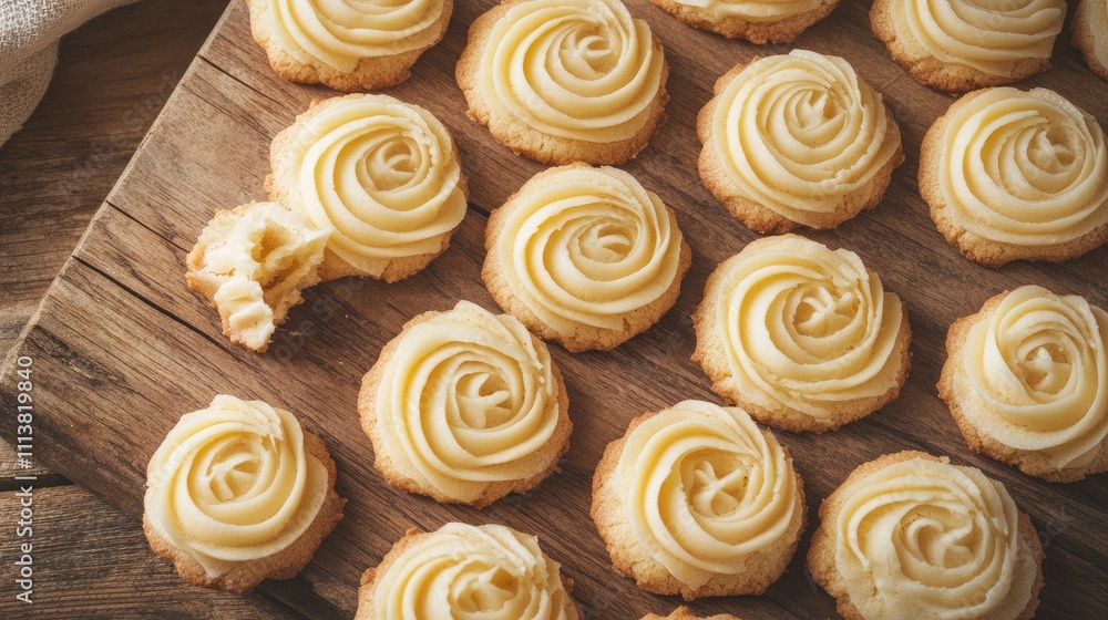 Crisp butter cookies in delicate swirl shapes, arranged neatly on a rustic wooden board, capturing their golden, buttery texture Crisp butter cookies in delicate swirl shapes, arranged neatly on a rustic wooden board, capturing their golden, buttery texture