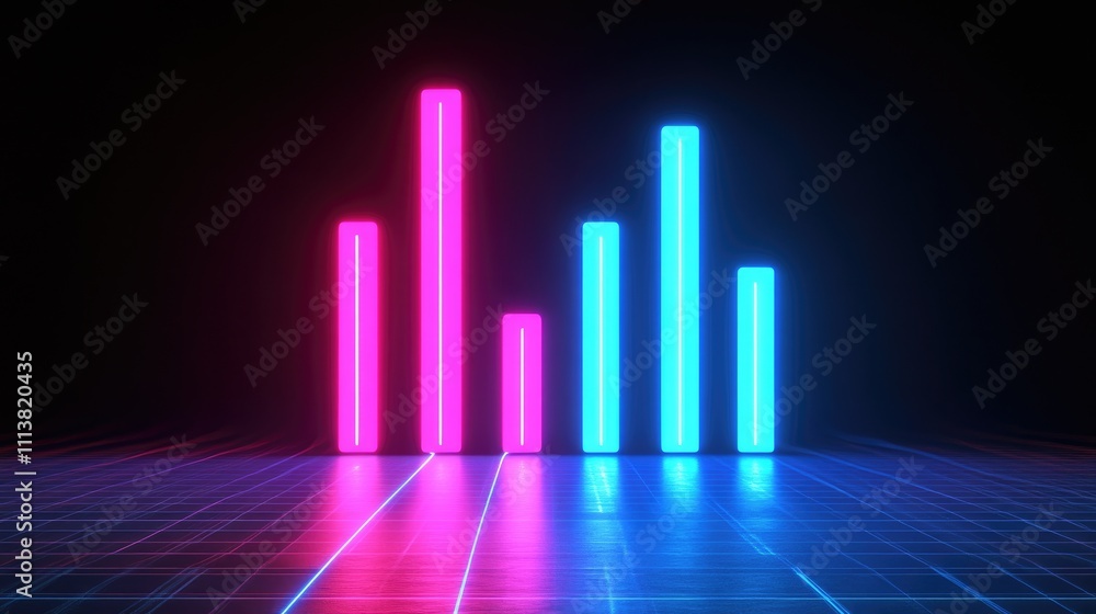 Digital bar graph with neon lights on a dark background, displaying a futuristic approach to financial data and analytics Digital bar graph with neon lights on a dark background, displaying a futuristic approach to financial data and analytics
