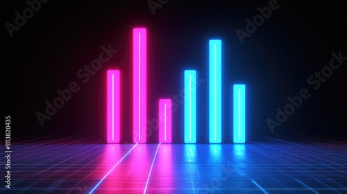 Digital bar graph with neon lights on a dark background, displaying a futuristic approach to financial data and analytics