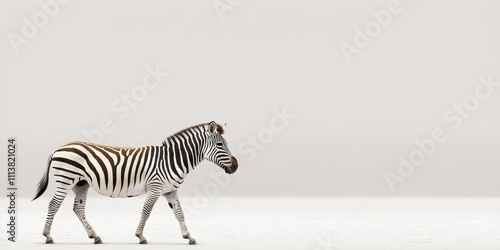 A zebra walks gracefully across a minimalist landscape, showcasing its striking black and white stripes against a pale background.