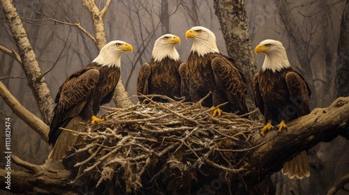 Nest of American bald eagles with eagles on nearby branches photo