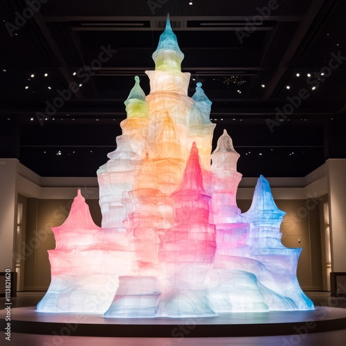 Illuminated pastel castle sculpture.