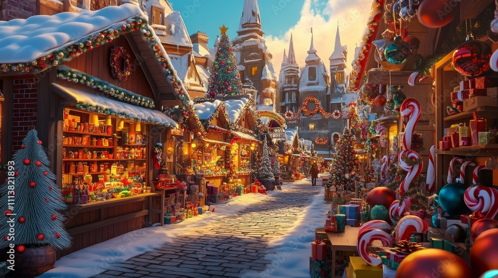 Fototapeta premium Vibrant Christmas Market Filled with Colorful Ornaments