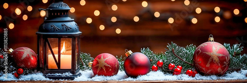 Elegant Christmas Candle Lantern and Ornament Arrangement.