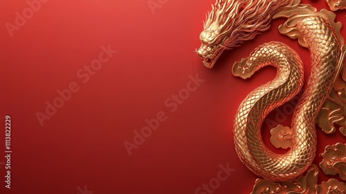 The Year of the Snake, A gold colored dragon is on a red background