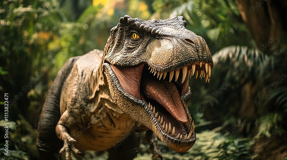 Obraz premium A Tyrannosaurus Rex dinosaur with its mouth open in a menacing roar.