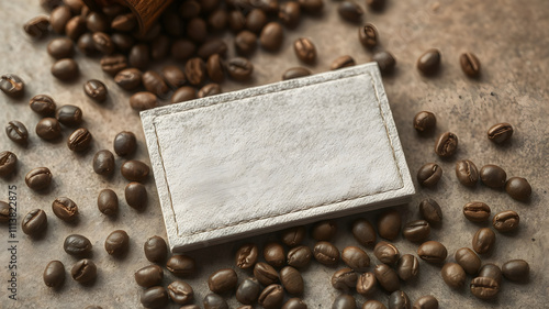 A textured linen business card with soft, muted tones, resting on a tabletop with scattered coffee beans, in ultra-clear 8K